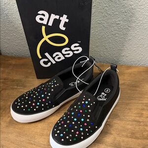 art class Black Slip-On Sneakers with Multicolor Gem and Star Accents size 2